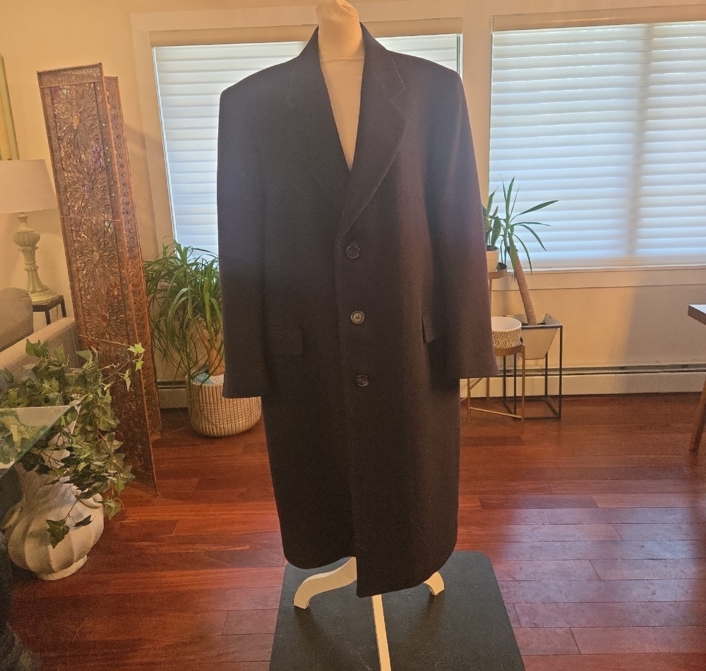 VTG Sterns 90s Wool Full Length Mens Overcoat Trench Coat Navy Blue Size 42S
